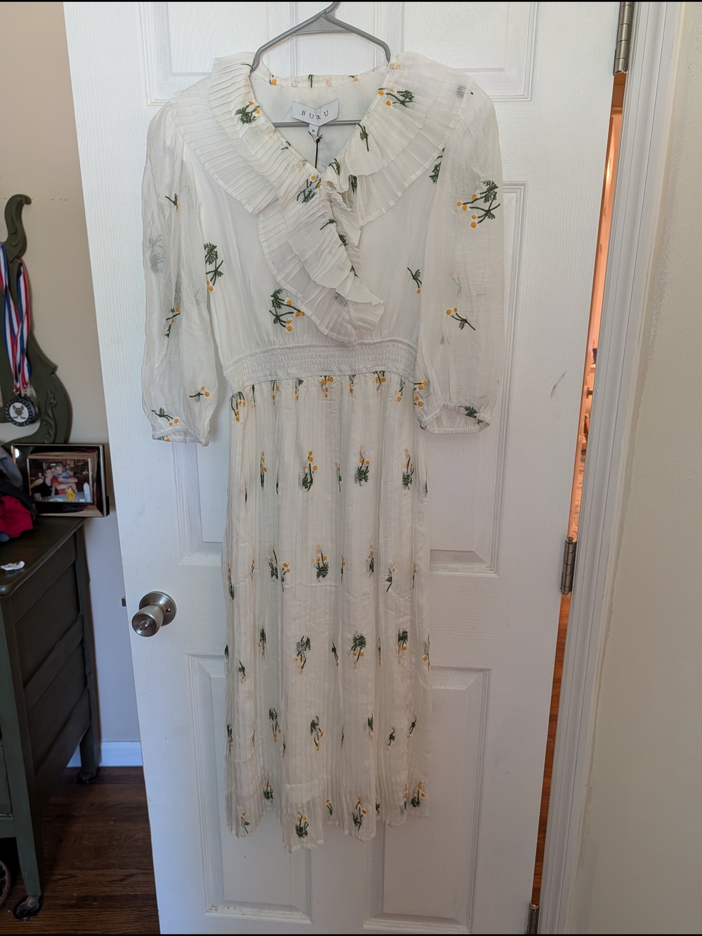 White Floral Ruffle Maxi Dress with Puff Sleeves